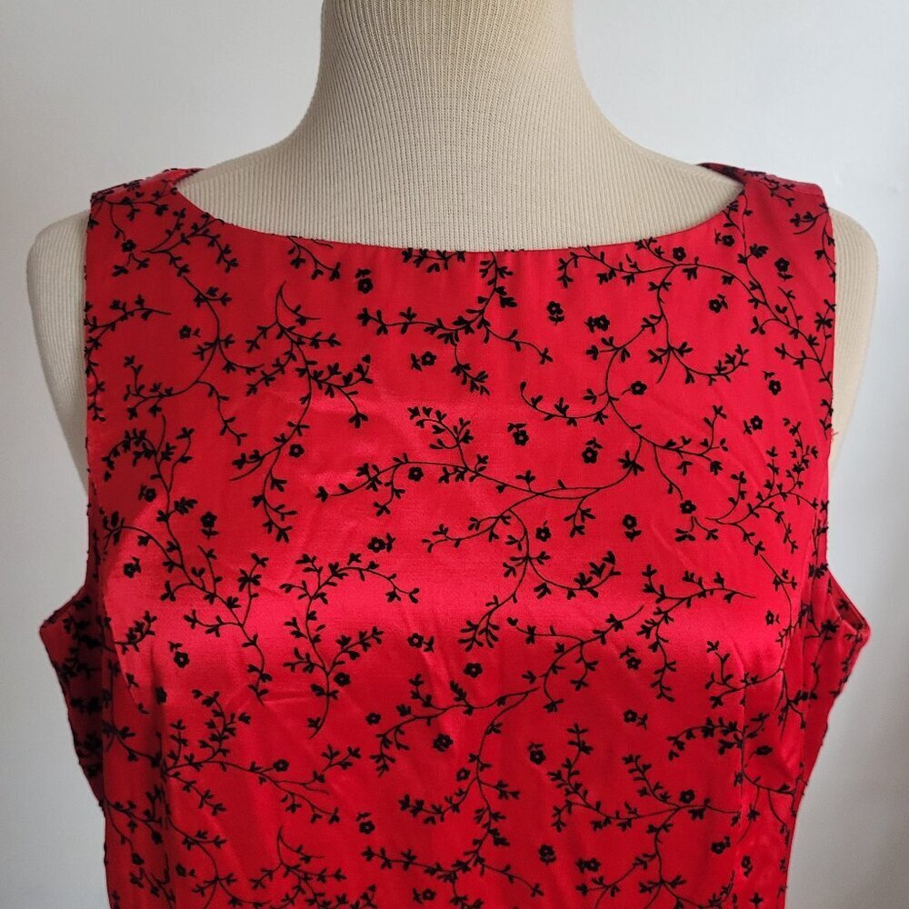 Dani Max 1990s Red Satin Chinese Flowers Flocked Velvet Slip Dress (Size: 8)